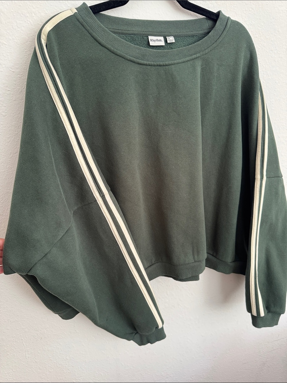 Rhythm. Olive Green Cropped Sweatshirt with Stripe Sleeves - Picture 3 of 3